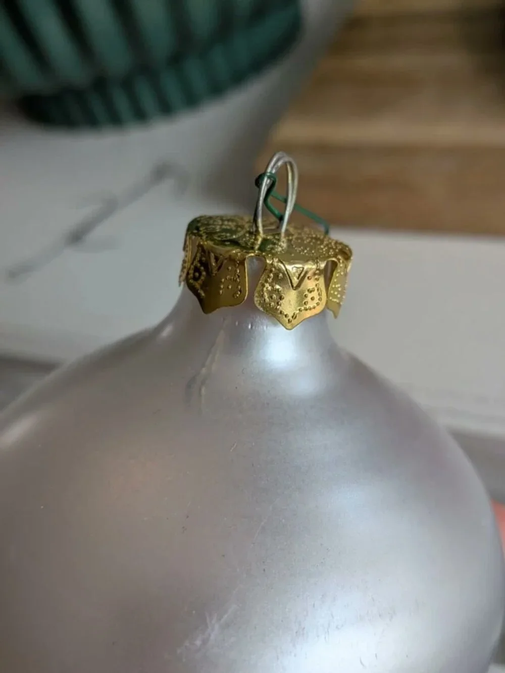 Vintage Frosted Translucent White Glass Teardrop Christmas Ornament Gold Cap 5